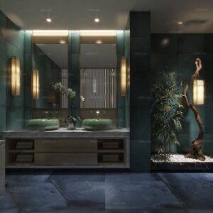 3D scene. Bathroom with exotic plants