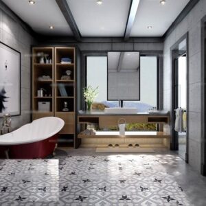 3D scene. Bathroom interior with beams on the ceiling